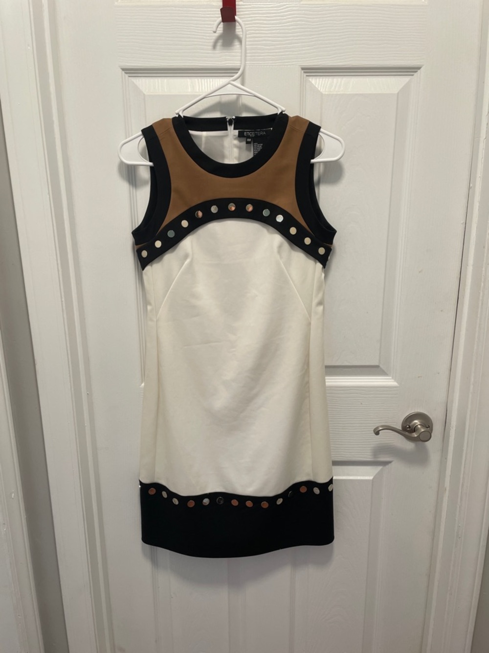Etcetera White Sleeveless Shift Dress with Black and Tan Accents